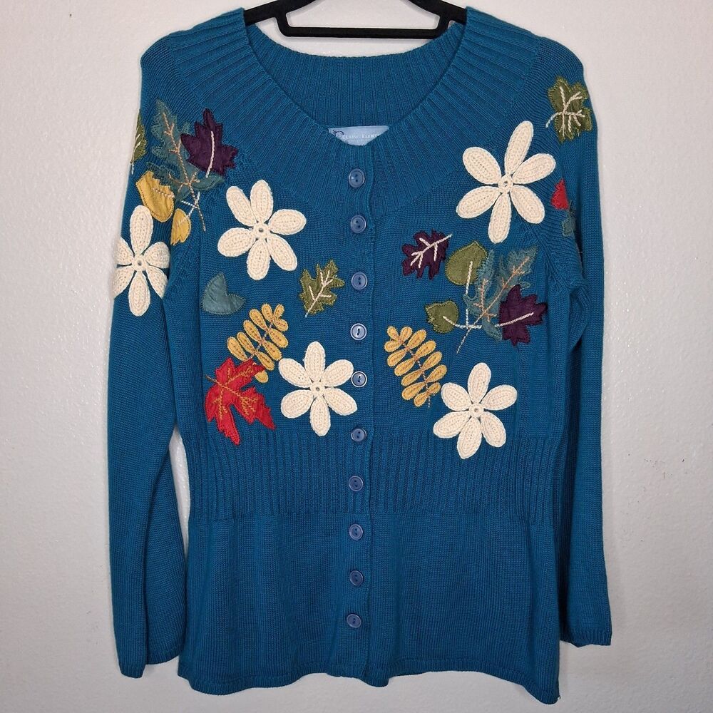 Classic Elements Autumn Leaf Floral Embroidered Button Cardigan Grandmacore L